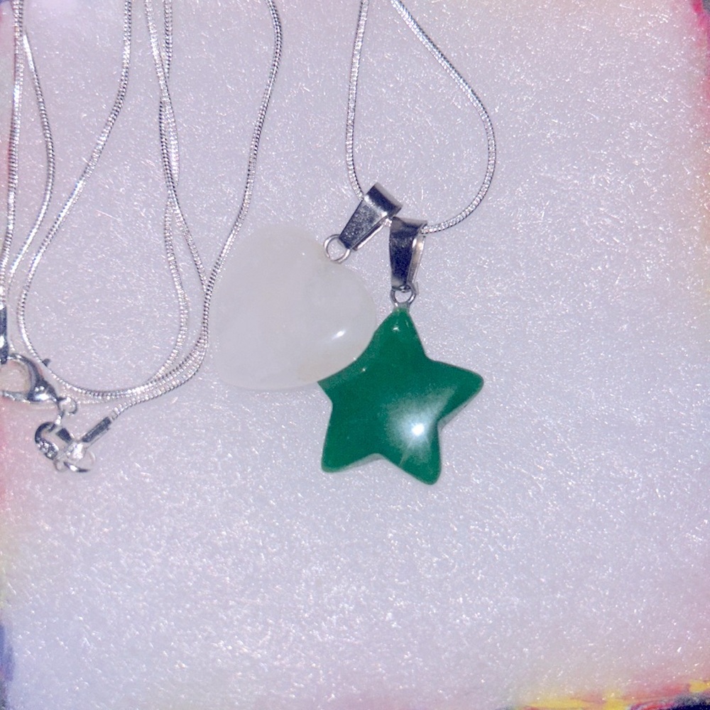 Boho hippie Quartz Crystal Heart ❤️ & jade Star ⭐️ Sterling Silver Necklace